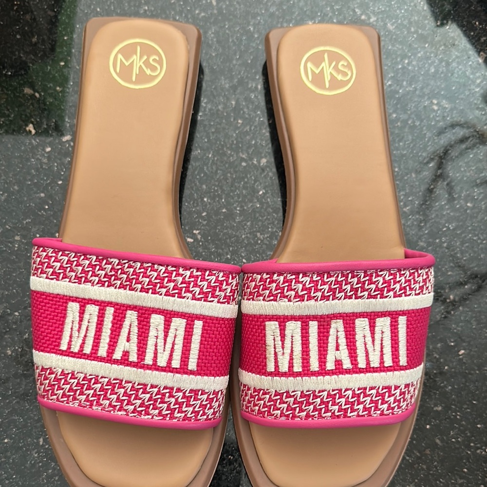 MKS Pink and White Slide Sandals with Open Toe Design